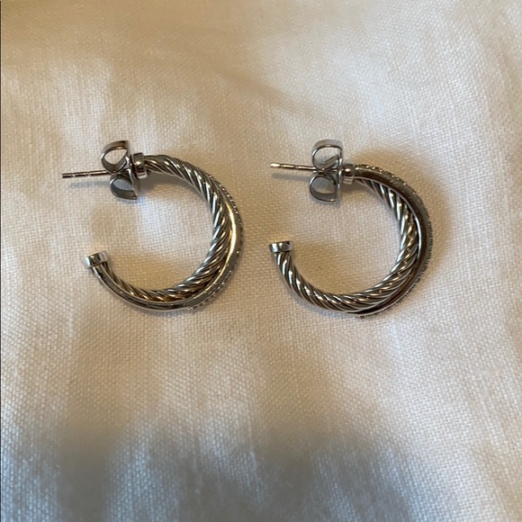 David Yurman Silver Crossover Hoops w/ Diamonds - Picture 2 of 7